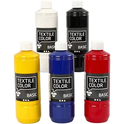 Tekstil farve 5 x 500 ml, Primærfarver - leveres til døren fra Aktivslivern.dk