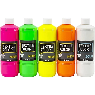 Tekstil farve 5 x 500 ml, Neon - leveres til døren fra Aktivslivern.dk