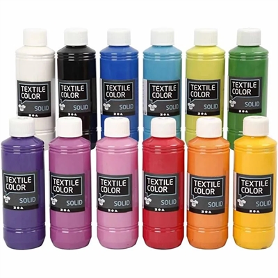 Tekstil farve 12 x 250 ml, Ass. Farver - leveres til døren fra Aktivslivern.dk