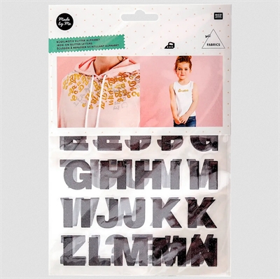 Iron-on-letters A-Z, Sort glitter - leveres til døren fra Aktivslivern.dk
